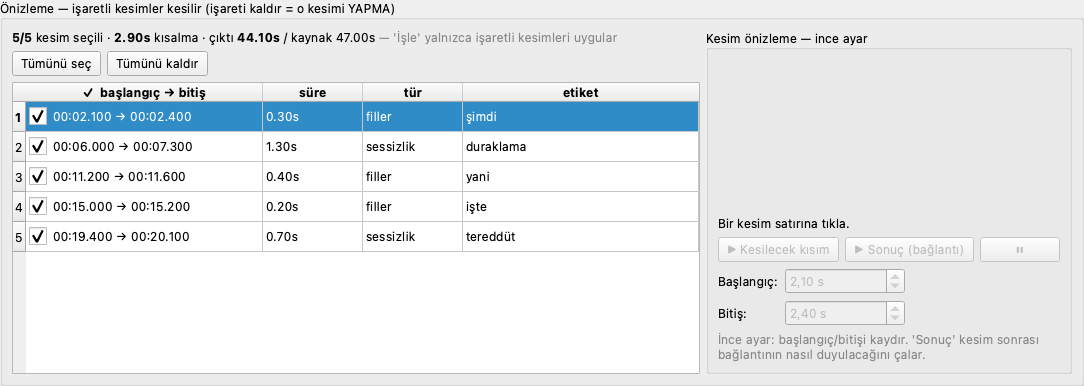 Kill the Fill önizleme: önerilen her kesim onay kutusuyla listelenir, neyin kesileceğini sen onaylarsın